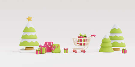 Online shopping for Christmas and New Year gifts,Colorful Christmas gifts, bags and cart with smartphone.3d render illustration.の写真素材