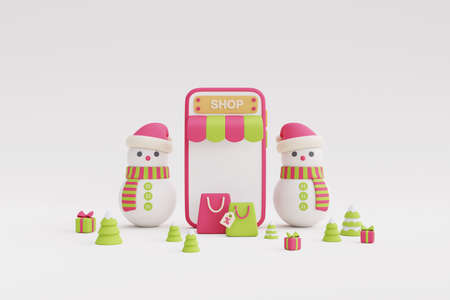 Online shopping for Christmas and New Year gifts,Colorful Christmas gifts, bags and cart with smartphone.3d render illustration.の写真素材