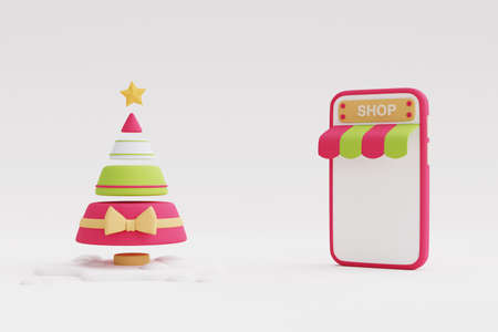 Online shopping for Christmas and New Year gifts,Colorful gift boxes with smartphone.3d render illustration.の写真素材
