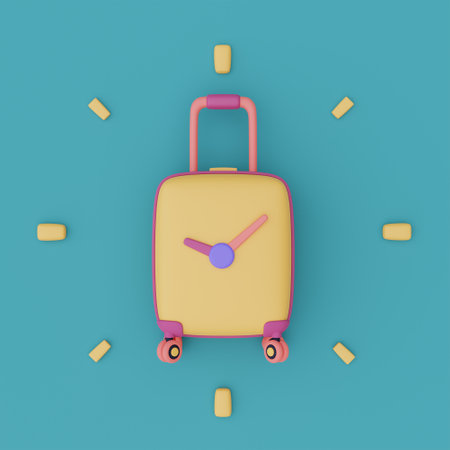 Yellow suitcase with clock,time to travel concept,vacation planning,holiday,Ready for travel.3d...