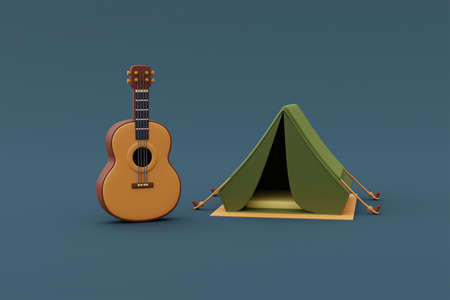 Set of Camping equipment with tourist backpack,lantern,guitar,hiking shoes,binoculars isolated on...