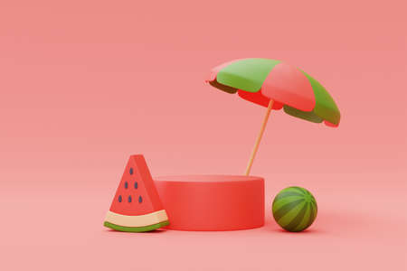 3d rendering of summer vacation concept with beach chair and umbrella isolated on blue...