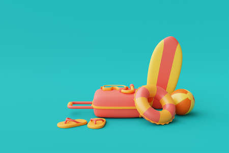3d rendering of summer vacation concept with suitcase and colorfull summer elements,minimal style.3d...