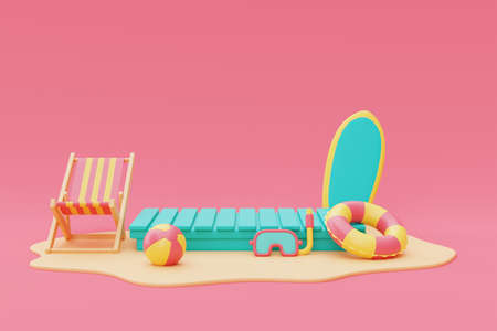 3d rendering of summer vacation concept ,Blue mock up display with beach chairs,umbrella and...