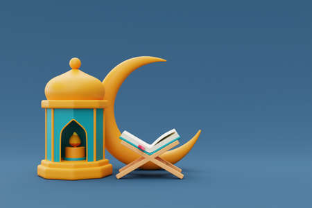 3d ramadan greetings with lantern,mosque and crescent moon ,Islamic holiday,Raya Hari, Eid al Adha, 3d rendering.の写真素材
