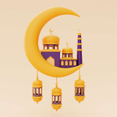 3d ramadan greetings with lantern,mosque and crescent moon ,Islamic holiday,Raya Hari, Eid al Adha, 3d rendering.の写真素材