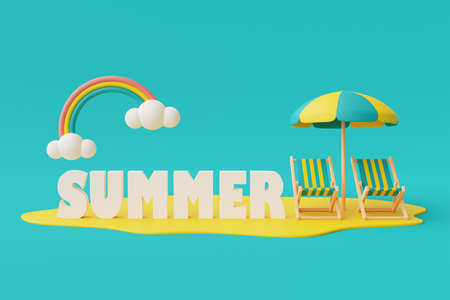 3d rendering of summer vacation concept with beach umbrella and summer elements,minimal style.3d render.の写真素材