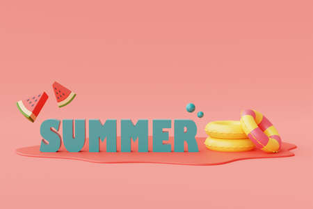 3d rendering of summer vacation concept with beach umbrella and summer elements,minimal style.3d render.の写真素材