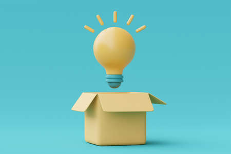 3d render glowing light bulb with box,Creative innovation and strategy analysis,minimal style,3d...
