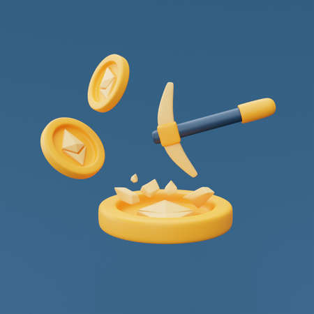 Crypto currency mining concept with ethereum coins and pickaxe,blockchain technology services,3d...