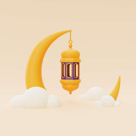3d ramadan greetings with lantern and crescent moon ,Islamic holiday, Raya Hari, Eid al Adha, 3d...