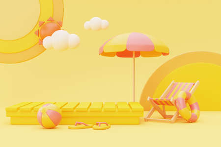 summer display with beach chair,umbrella and summer elements,3d rendering.の写真素材