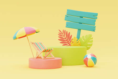 colorful summer beach elements with signpost,3d rendering.