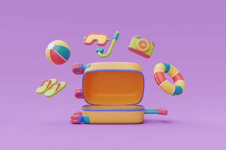 Opened yellow suitcase with summer beach elements.Tourism and travel plan to trip,holiday vacation,3d renderingの写真素材