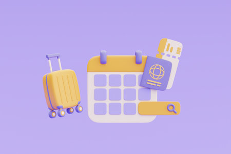 Time to travel concept,Booking airline tickets online with calendar,yellow airplane and suitcase...