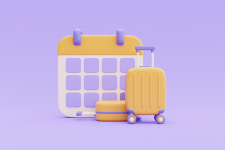 Time to travel concept,Booking airline tickets online with calendar,yellow airplane and suitcase...
