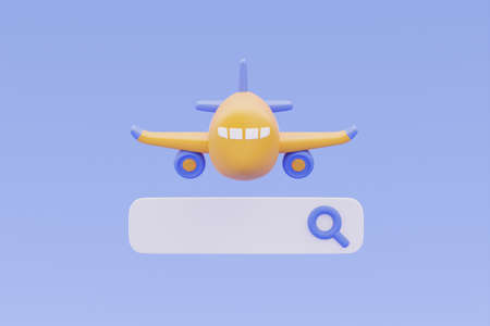 Tourism and travel,Booking airline tickets online with yellow airplane and search bar,holiday vacation,3d renderingの写真素材