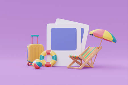 Time to travel concept ,Photo frame with suitcase and summer beach element ,Tourism and travel plan...