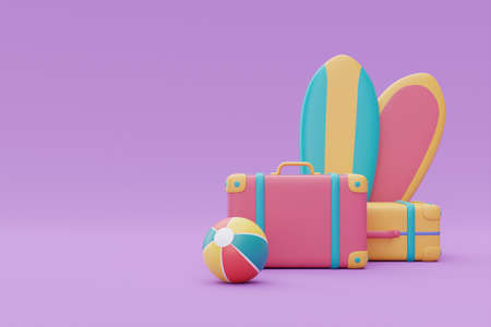 Yellow suitcase with colorful summer beach elements ,Tourism and travel plan to trip concept,holiday...