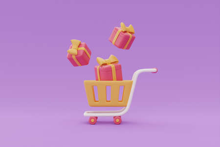 Online shopping store on computer with gift boxes on purple background, digital marketing promotion, 3d rendering.の写真素材