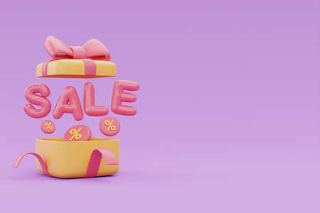 Great discount and sale promotion concept, Gift box with SALE word floating on purple background, 3d...