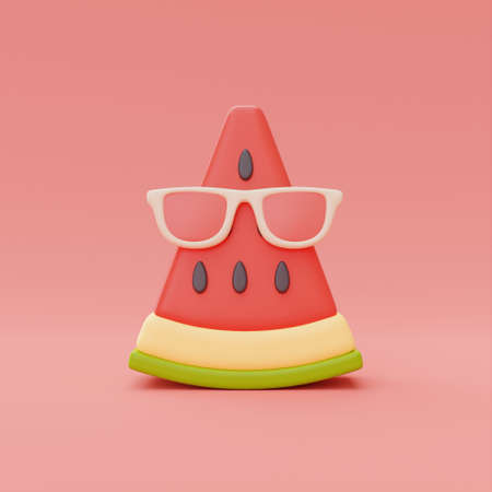 Slice of watermelon with sunglasses isolate on red background, summer fruits, 3d rendering.の写真素材