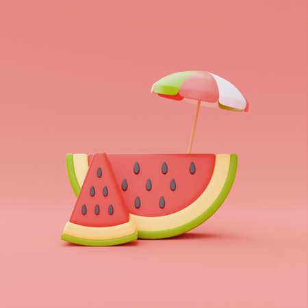 Slice of watermelon with beach umbrella isolate on orange background, summer fruits, 3d rendering.