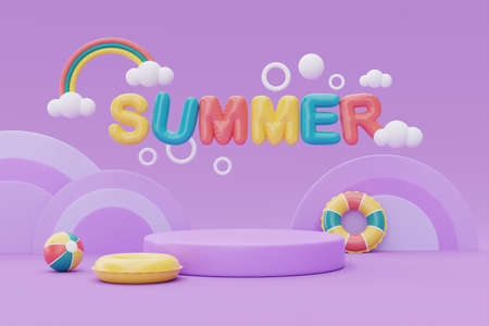 summer display with colorful summer beach elements on purple background, 3d rendering.