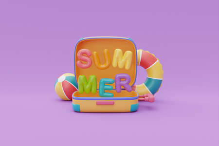 Slice of watermelon with beach umbrella isolate on orange background, summer fruits, 3d rendering.
