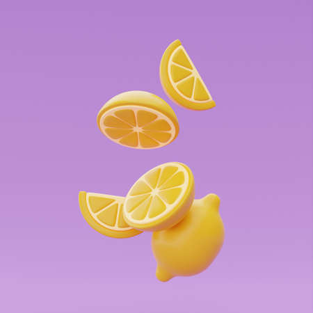 Slice of lemon floating isolate on purple background, summer fruits, 3d rendering.の写真素材