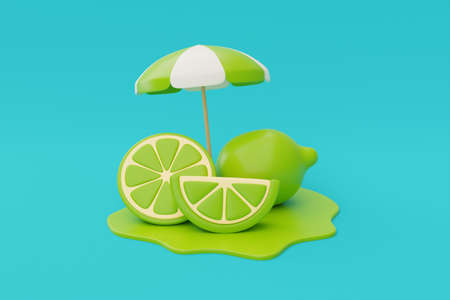 Slice of lemon with beach umbrella isolate on blue background, summer fruits, 3d rendering.の写真素材