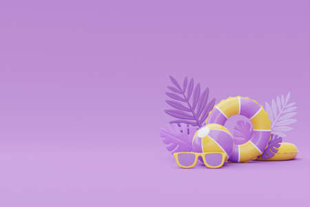 Summer time concept with summer beach elements and palm leaves on purple background, 3d rendering.の写真素材