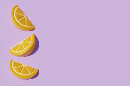 Slice of orange isolate on purple background, Summer time concept, 3d rendering.
