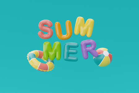 Summer time concept with colorful balloon text of summer and beach elements on blue background, 3d...