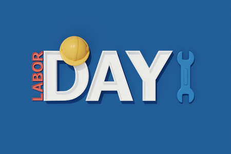 Happy labor day usa concept with construction tools and equipment on blue background, 3d renderingの写真素材