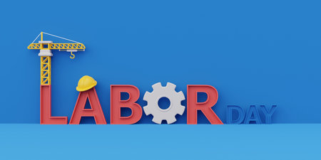 Happy labor day usa concept with construction tools and equipment on blue background, 3d renderingの写真素材