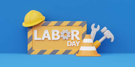 Happy labor day usa concept with construction tools and equipment on blue background, 3d renderingの写真素材