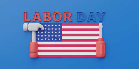 Happy labor day usa concept with American flag and construction tools on blue background, 3d...