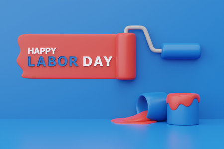 Happy labor day usa concept with red sponge roller paint, construction tools on blue background, 3d renderingの写真素材