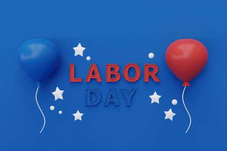 Happy labor day usa concept with construction tools and balloon on blue background, 3d renderingの写真素材