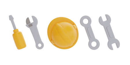 set of construction tools and equipment, screwdriver, wrench, Safety helmet, labor day. 3d rendering