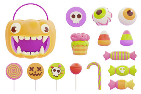 set of Happy Halloween with Jack-o-Lantern pumpkin basket, colorful candies and sweets isolated on white background, 3d rendering.の写真素材