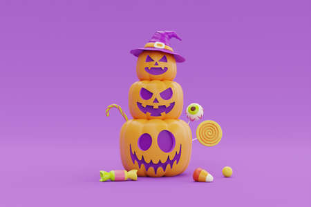 Opened gift boxes with Halloween Jack-o-Lantern pumpkin isolated on white background, traditional october holiday, 3d rendering.の写真素材