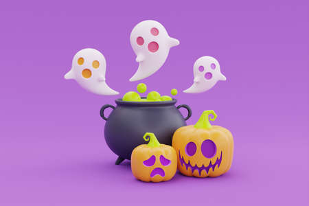 Happy Halloween with Jack-o-Lantern pumpkins, witch cauldron and ghost on purple background, traditional october holiday, 3d rendering.の写真素材