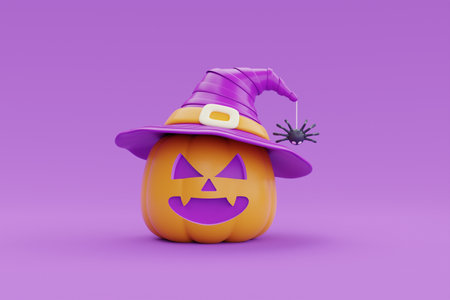 Happy Halloween with Jack-o-Lantern pumpkin character wearing witch hat on purple background, traditional october holiday, 3d rendering.の写真素材