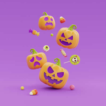 Happy Halloween with Jack-o-Lantern pumpkins character on purple background, traditional october holiday, 3d rendering.の写真素材