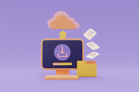 Cloud computing technology and online data storage for business network concept, Transfer document file process with loading bar on computer screen, 3d rendering.の写真素材