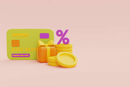 Online cashback service or digital payment concept with credit cards and dollar coin ,3d rendering