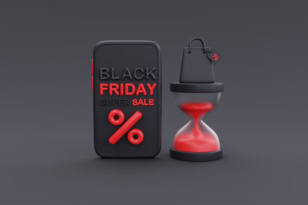 Black Friday Super Sale with smartphone, Houseglass and shopping bag, Christmas and Happy New Year...