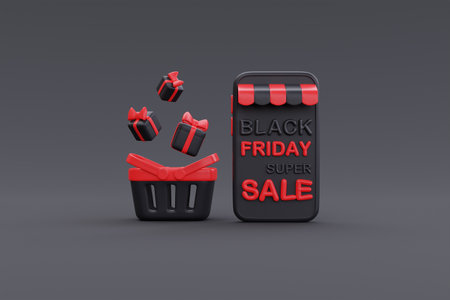 Black Friday Super Sale with smartphone, shopping basket and gift boxes, Christmas and Happy New...